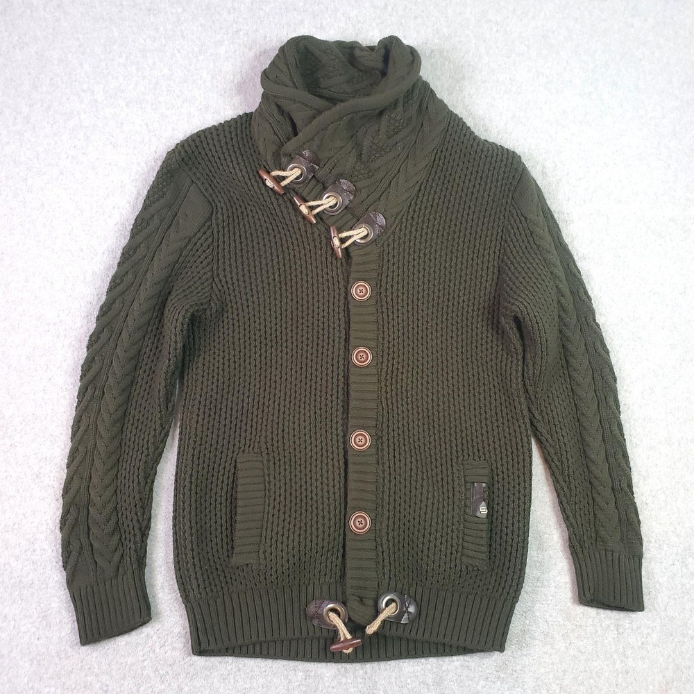 Leif Nelson Sweater Mens 2XL Green High Neck Cable Cardigan Toggle Button Front